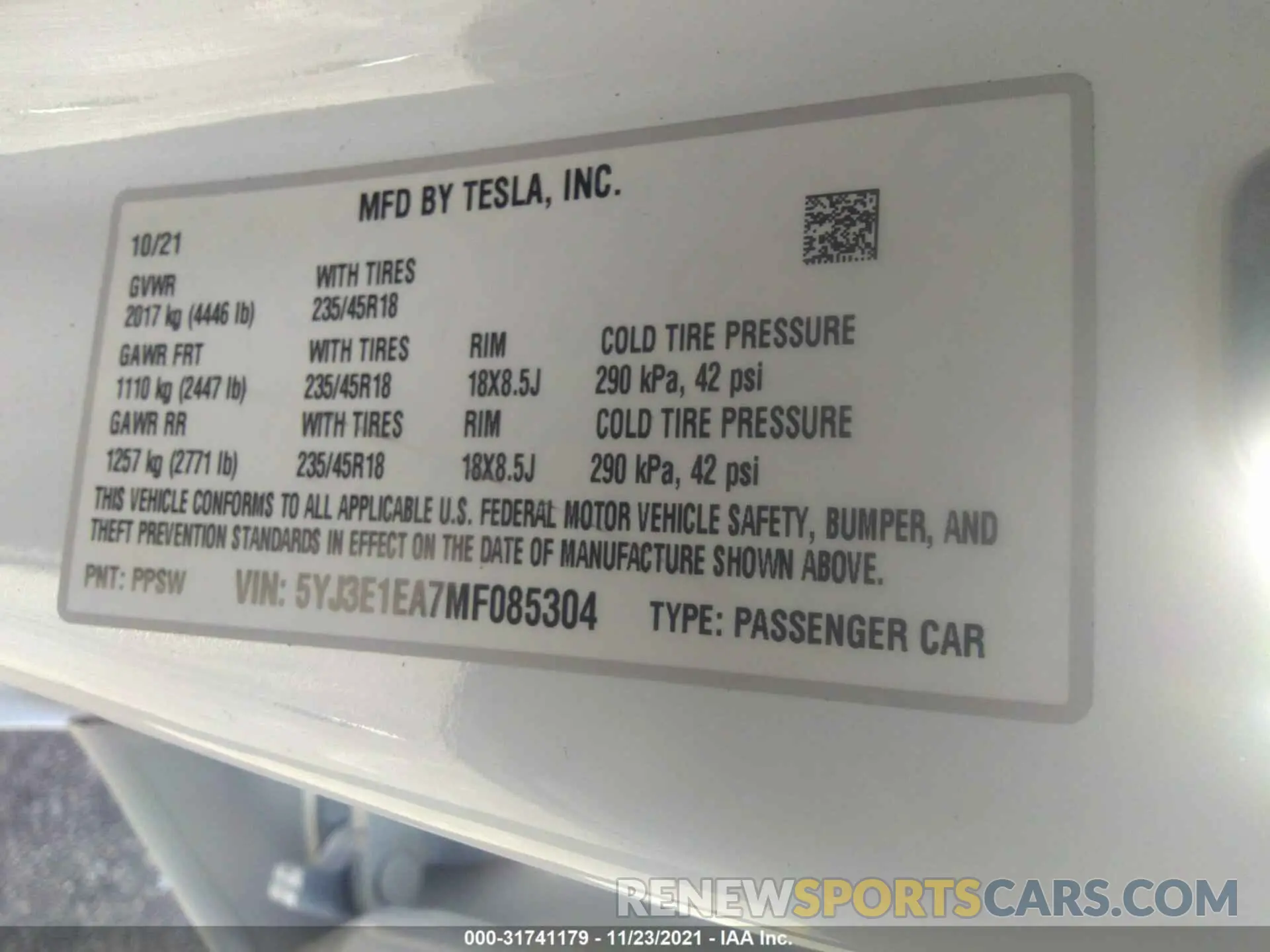 9 fotografías del automóvil dañado 5YJ3E1EA7MF085304 TESLA MODEL 3 2021