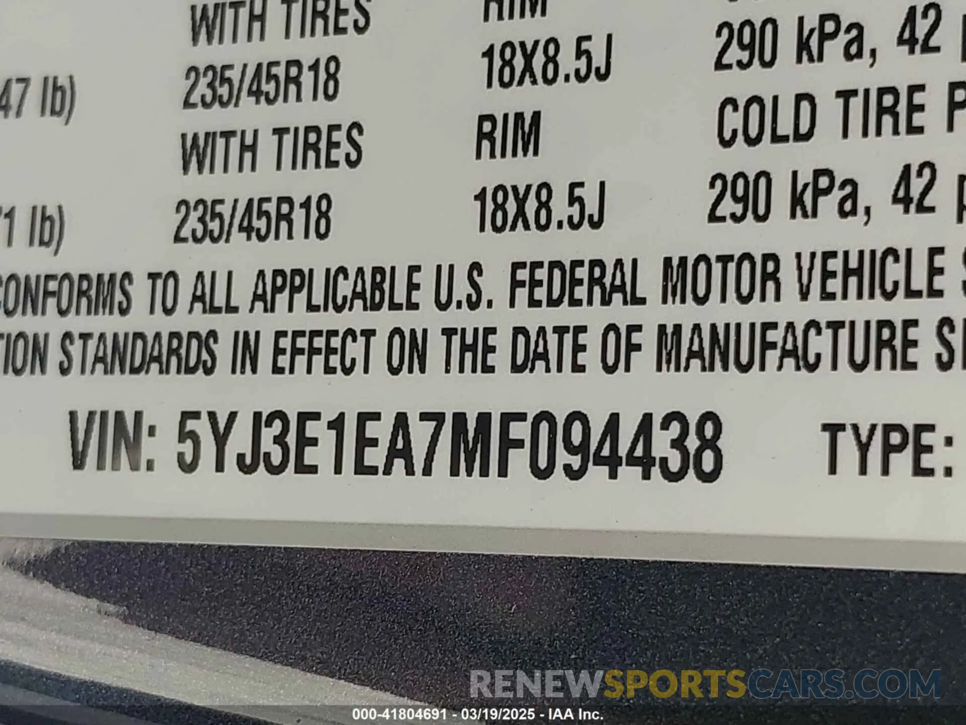 9 fotografías del automóvil dañado 5YJ3E1EA7MF094438 TESLA MODEL 3 2021
