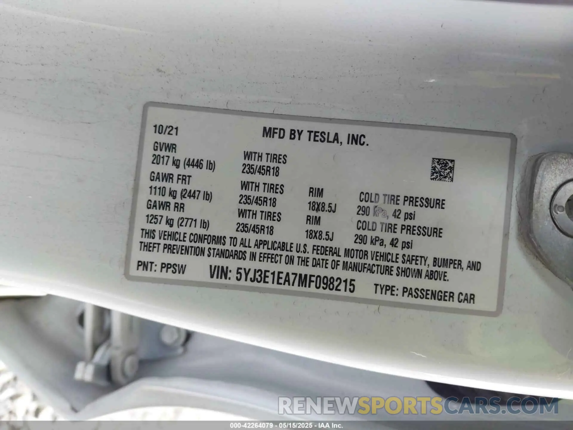 9 fotografías del automóvil dañado 5YJ3E1EA7MF098215 TESLA MODEL 3 2021