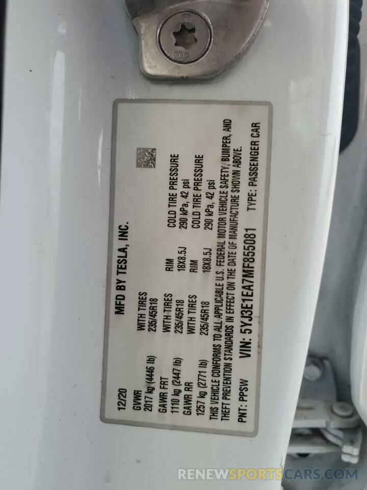 12 fotografías del automóvil dañado 5YJ3E1EA7MF855081 TESLA MODEL 3 2021