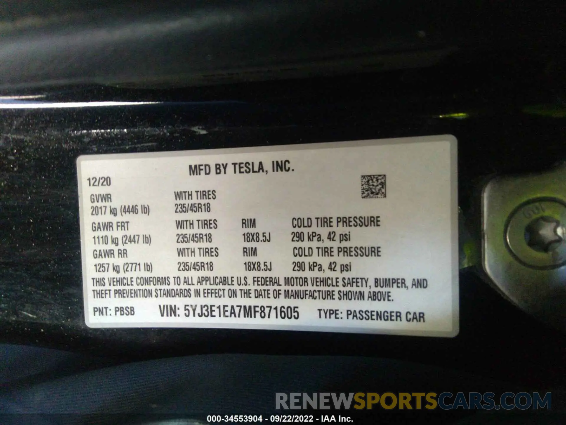 9 fotografías del automóvil dañado 5YJ3E1EA7MF871605 TESLA MODEL 3 2021