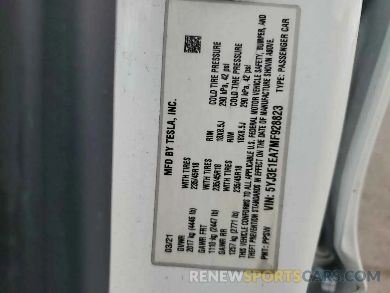 12 fotografías del automóvil dañado 5YJ3E1EA7MF928823 TESLA MODEL 3 2021