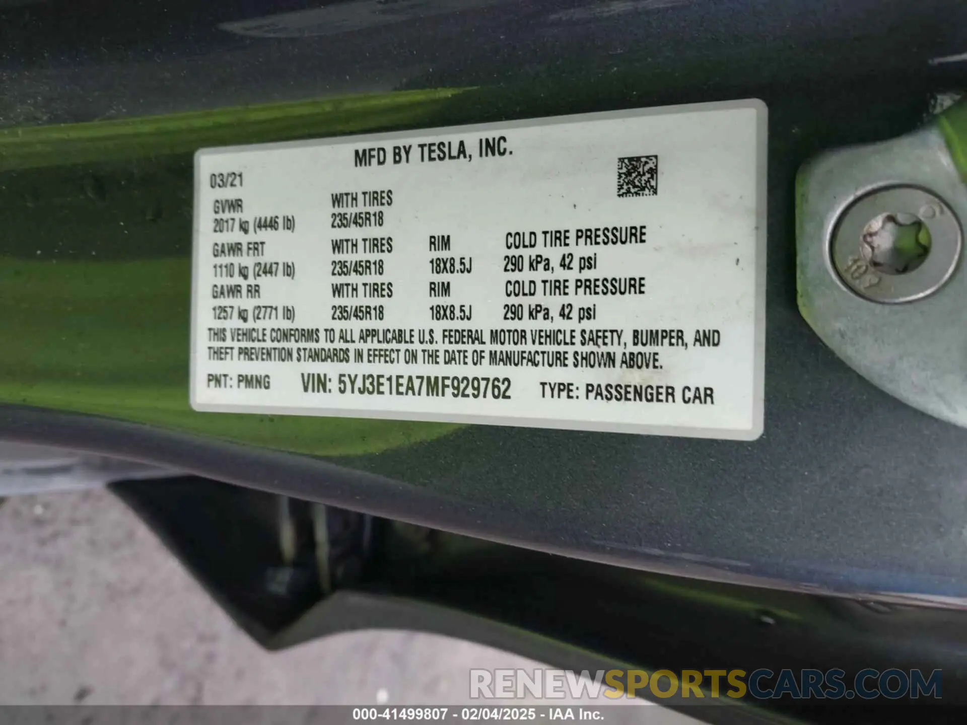 9 fotografías del automóvil dañado 5YJ3E1EA7MF929762 TESLA MODEL 3 2021