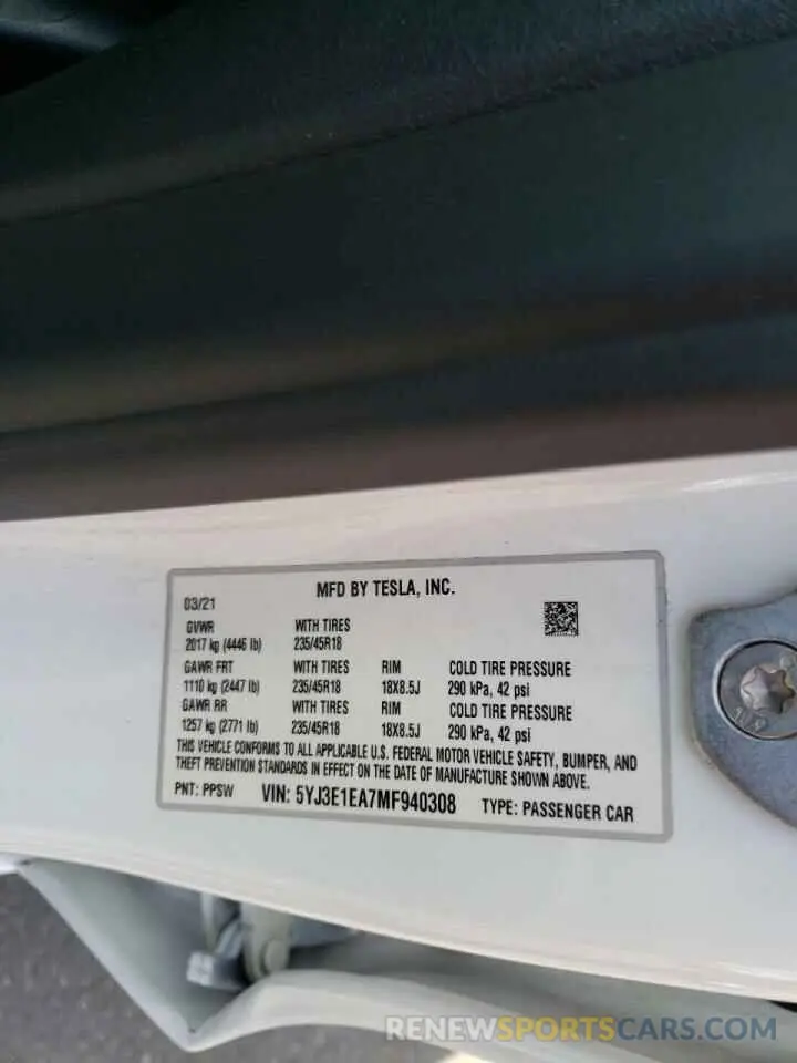 10 fotografías del automóvil dañado 5YJ3E1EA7MF940308 TESLA MODEL 3 2021