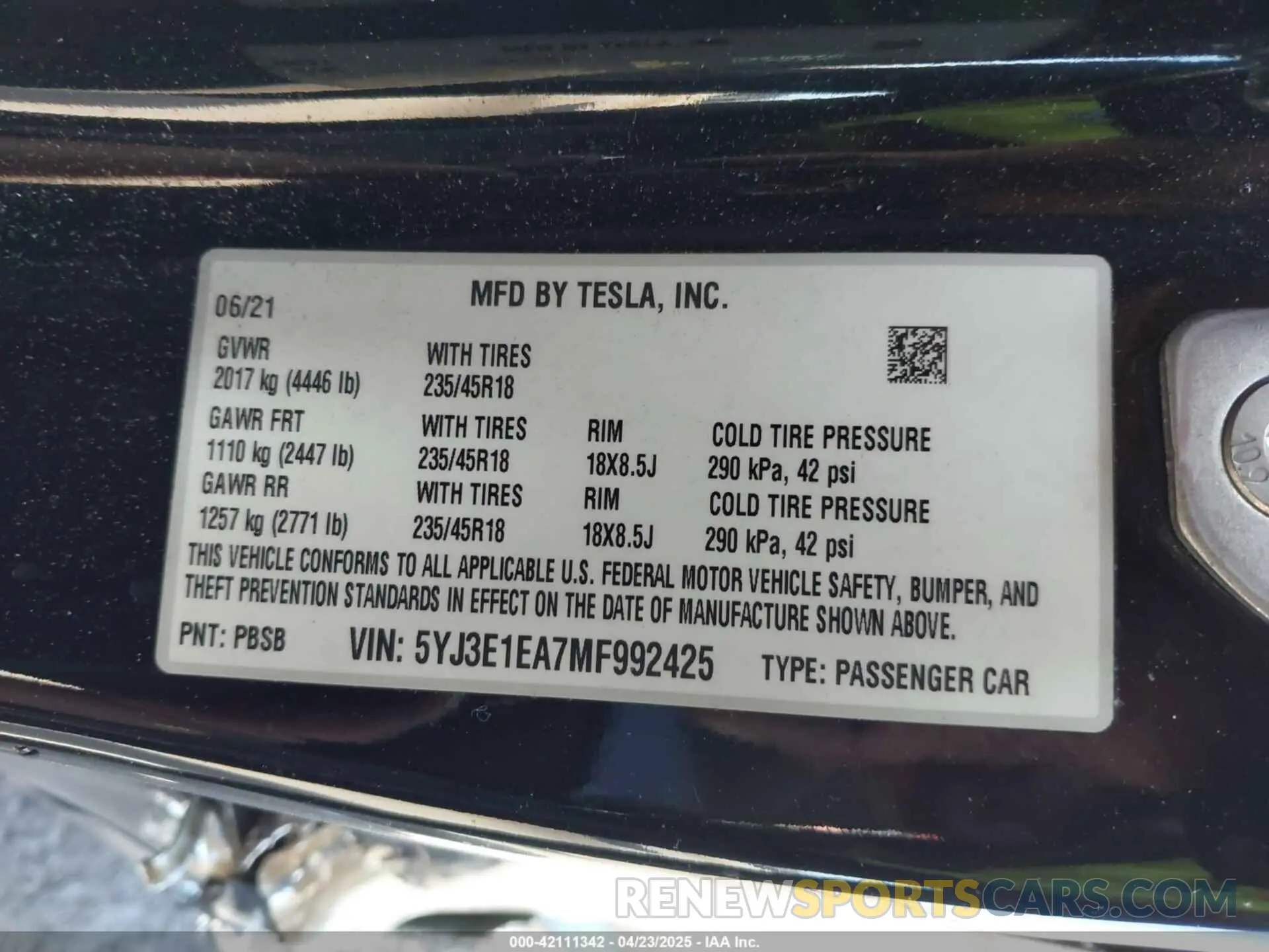9 fotografías del automóvil dañado 5YJ3E1EA7MF992425 TESLA MODEL 3 2021