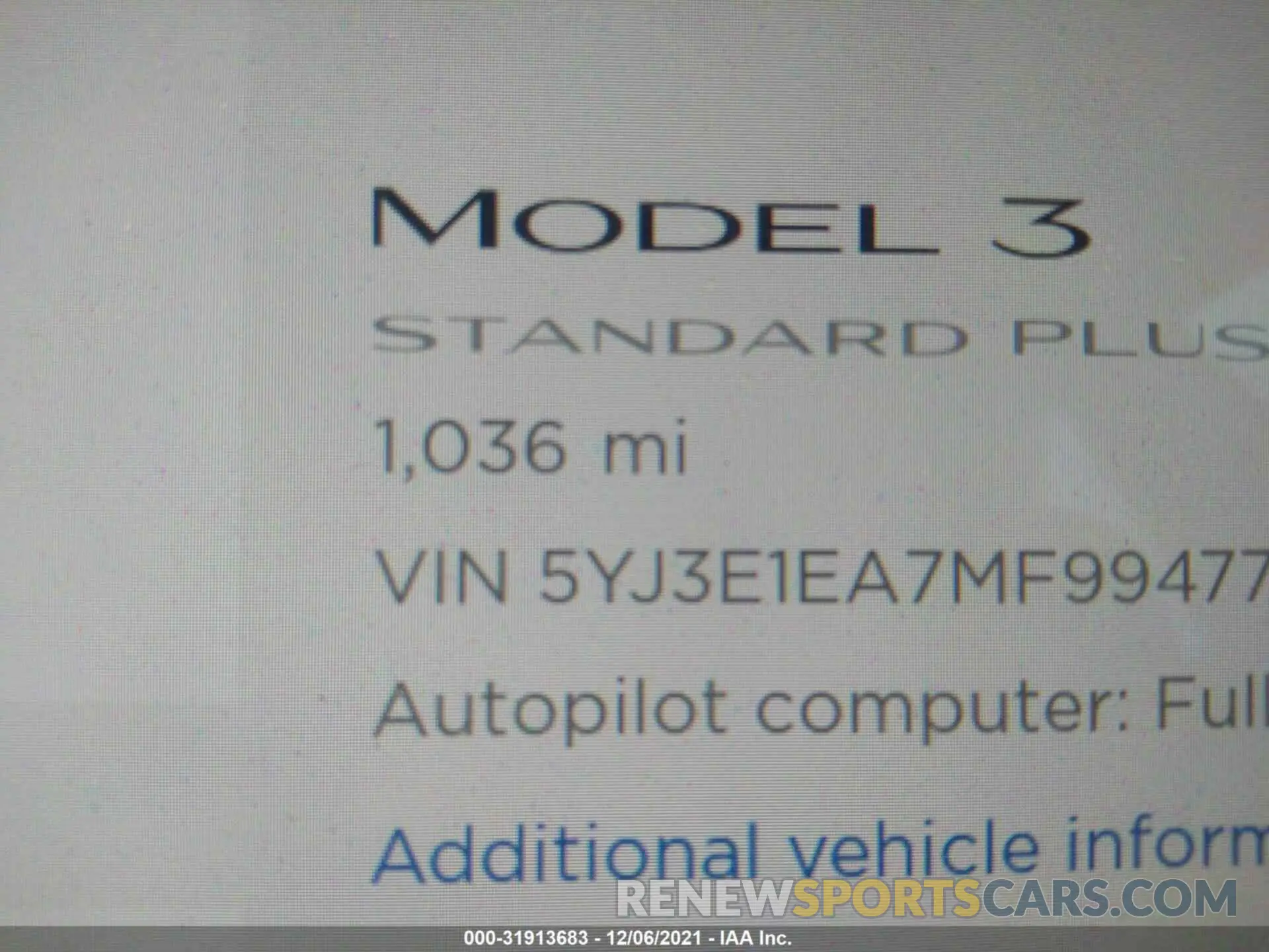 7 fotografías del automóvil dañado 5YJ3E1EA7MF994773 TESLA MODEL 3 2021