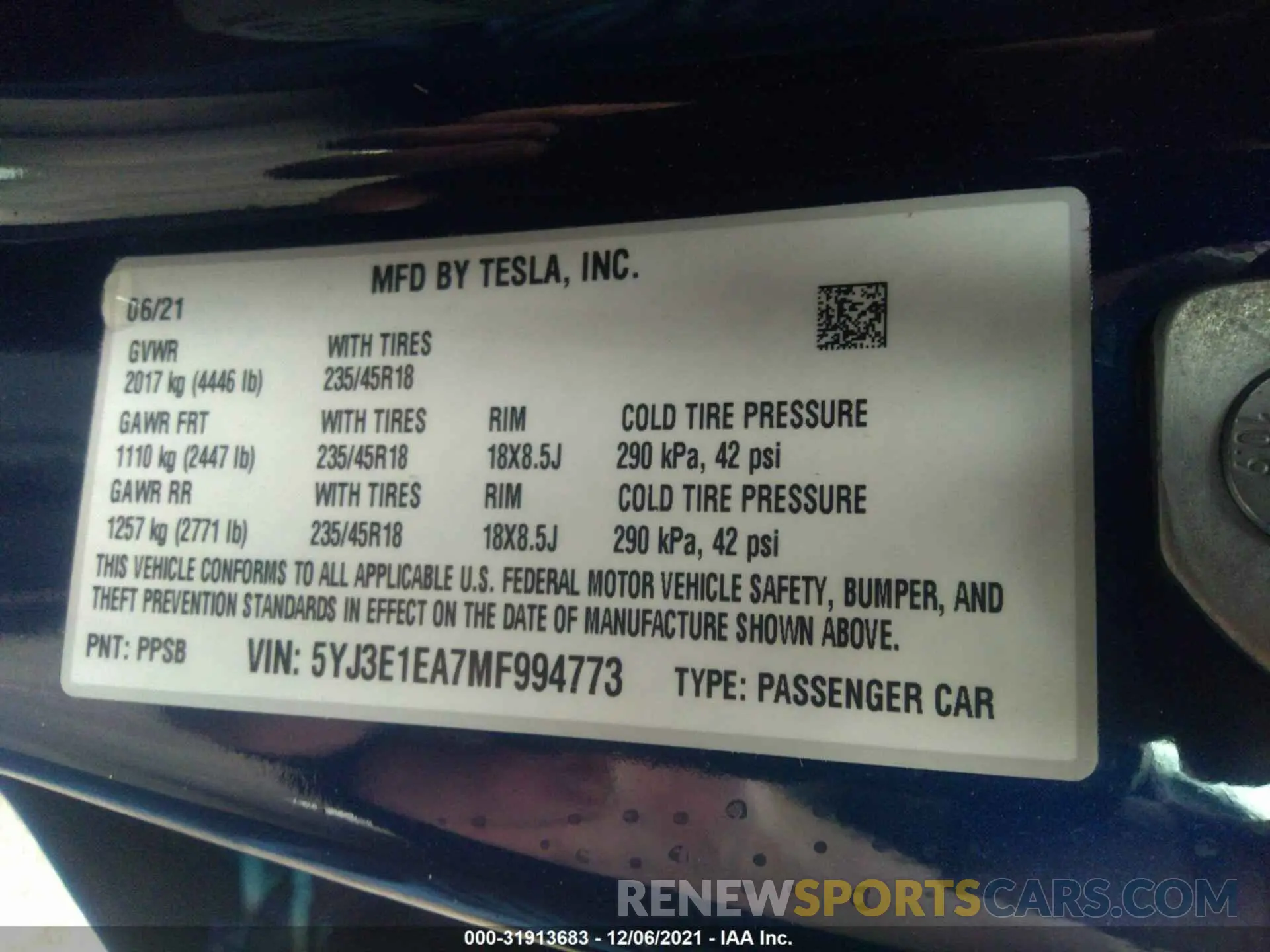 9 fotografías del automóvil dañado 5YJ3E1EA7MF994773 TESLA MODEL 3 2021