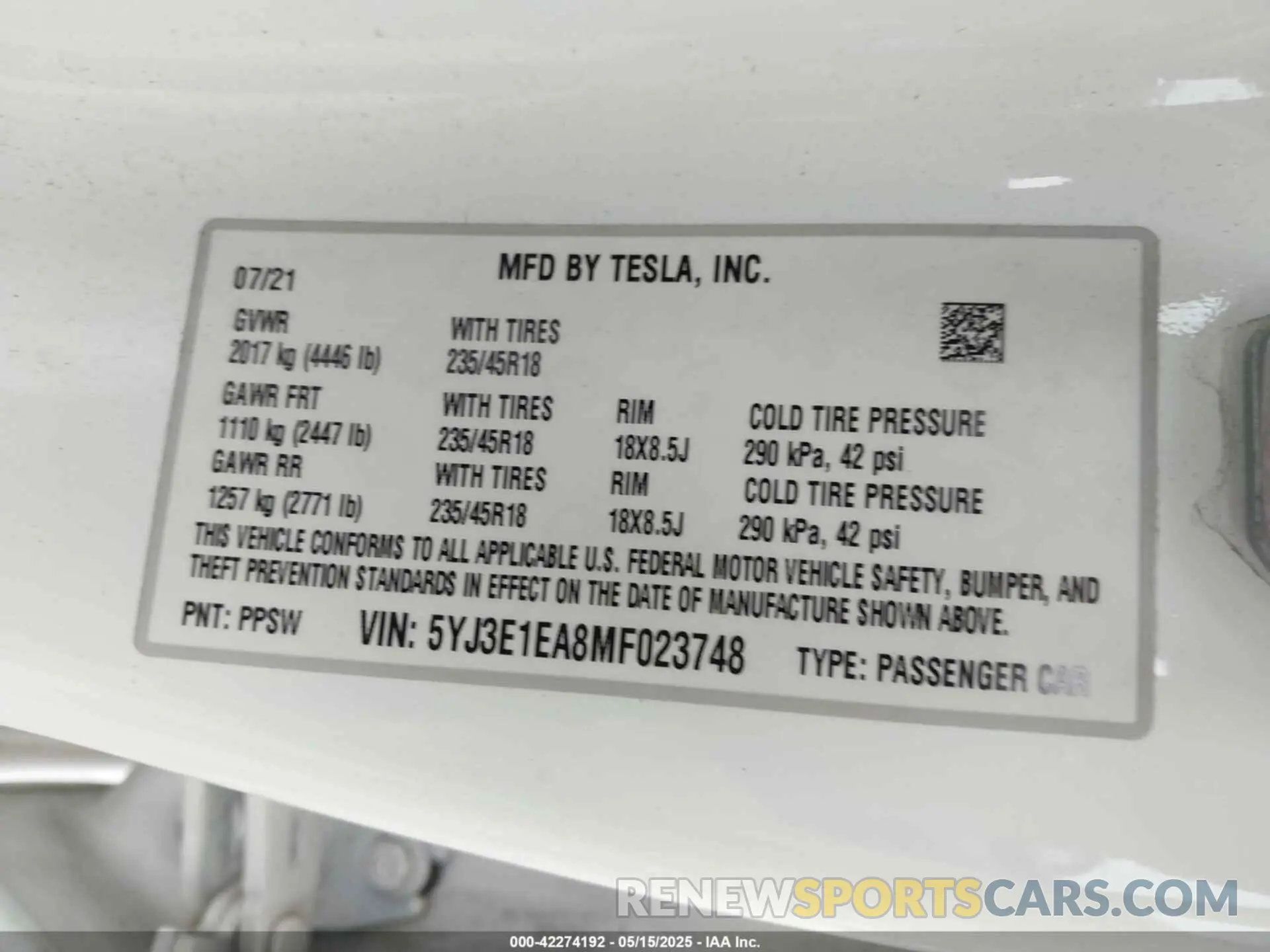9 fotografías del automóvil dañado 5YJ3E1EA8MF023748 TESLA MODEL 3 2021