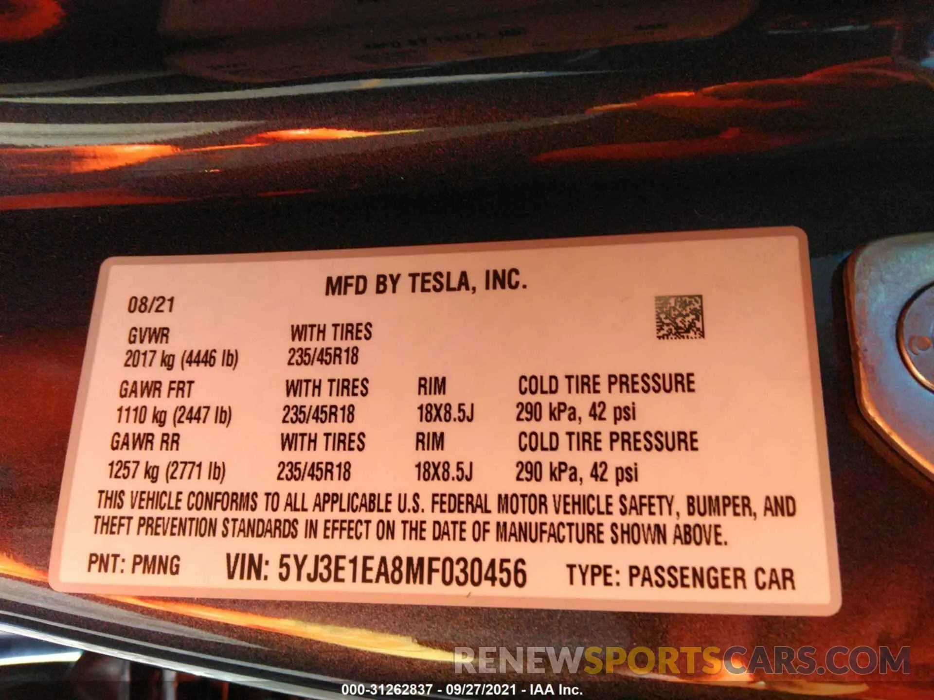 9 fotografías del automóvil dañado 5YJ3E1EA8MF030456 TESLA MODEL 3 2021