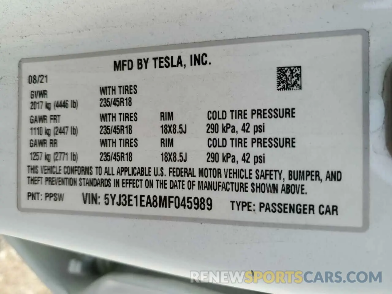 13 fotografías del automóvil dañado 5YJ3E1EA8MF045989 TESLA MODEL 3 2021