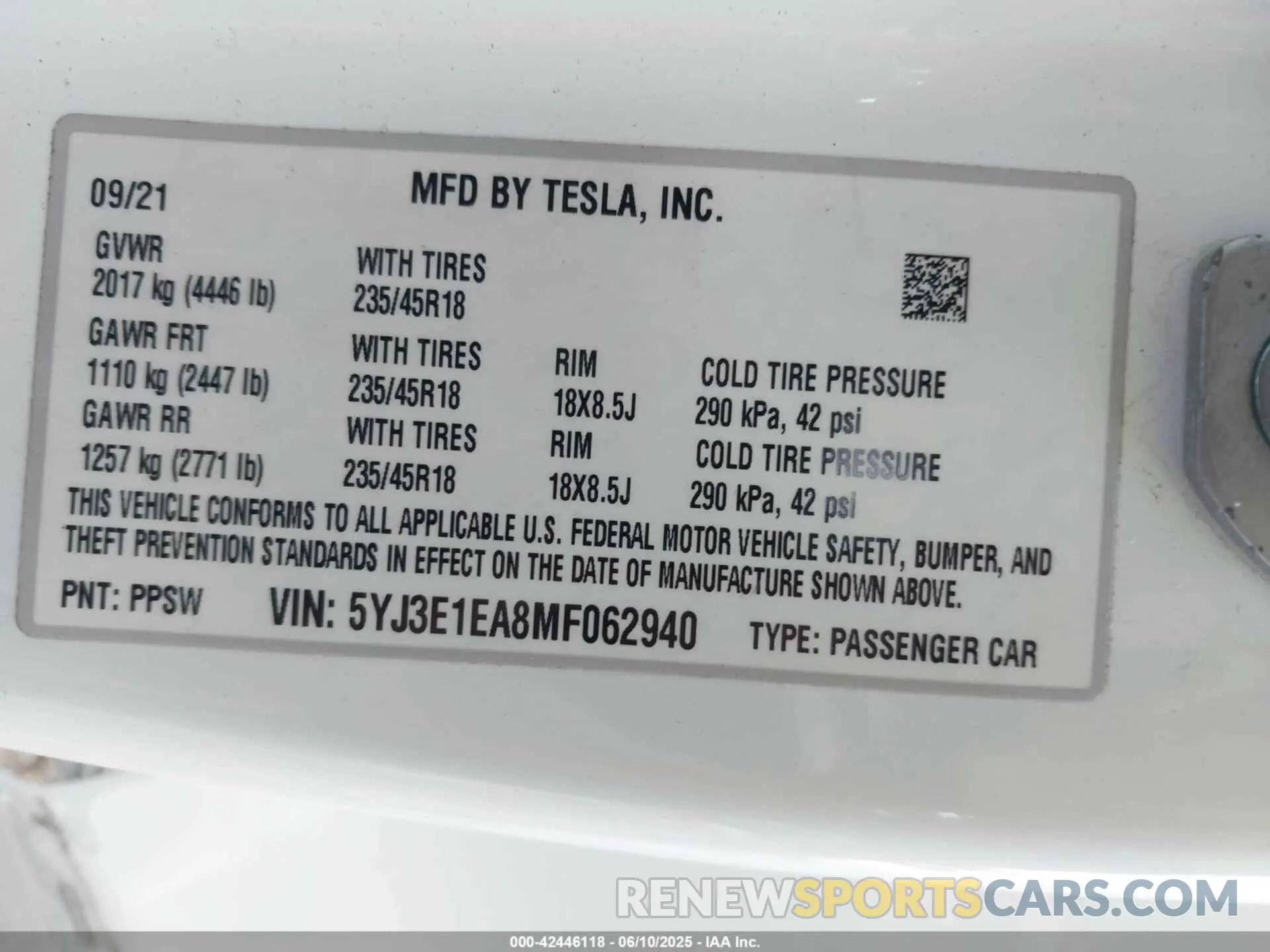 9 fotografías del automóvil dañado 5YJ3E1EA8MF062940 TESLA MODEL 3 2021