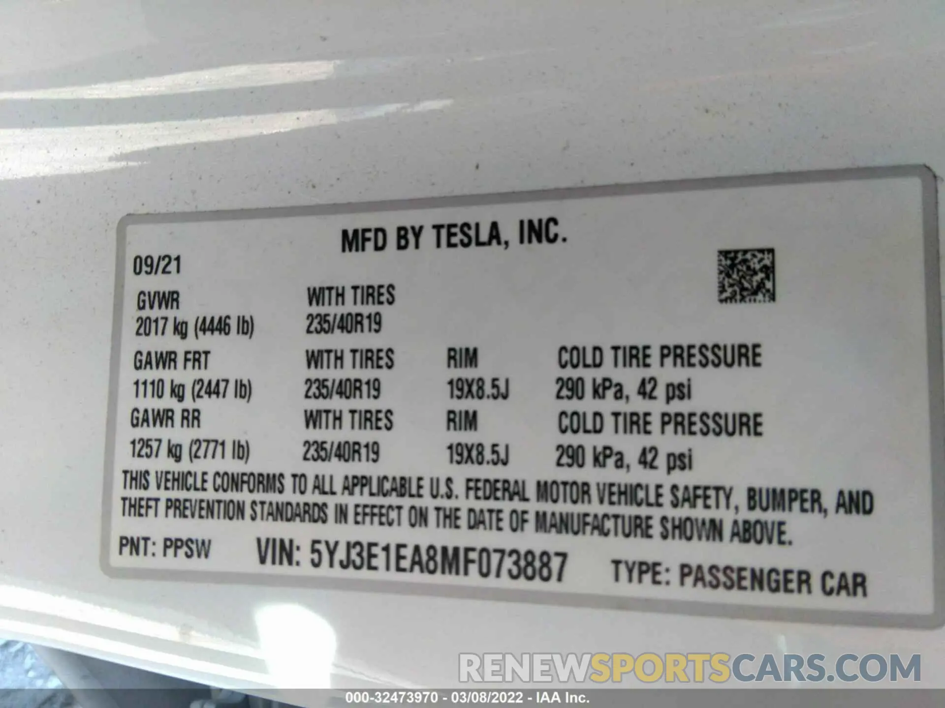 9 fotografías del automóvil dañado 5YJ3E1EA8MF073887 TESLA MODEL 3 2021