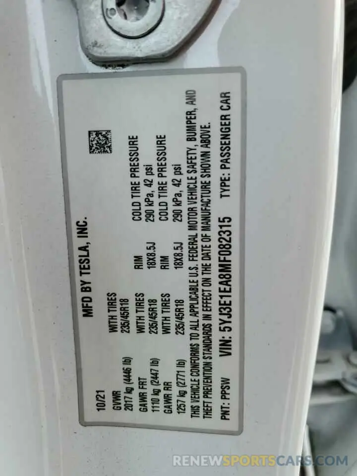 13 fotografías del automóvil dañado 5YJ3E1EA8MF082315 TESLA MODEL 3 2021