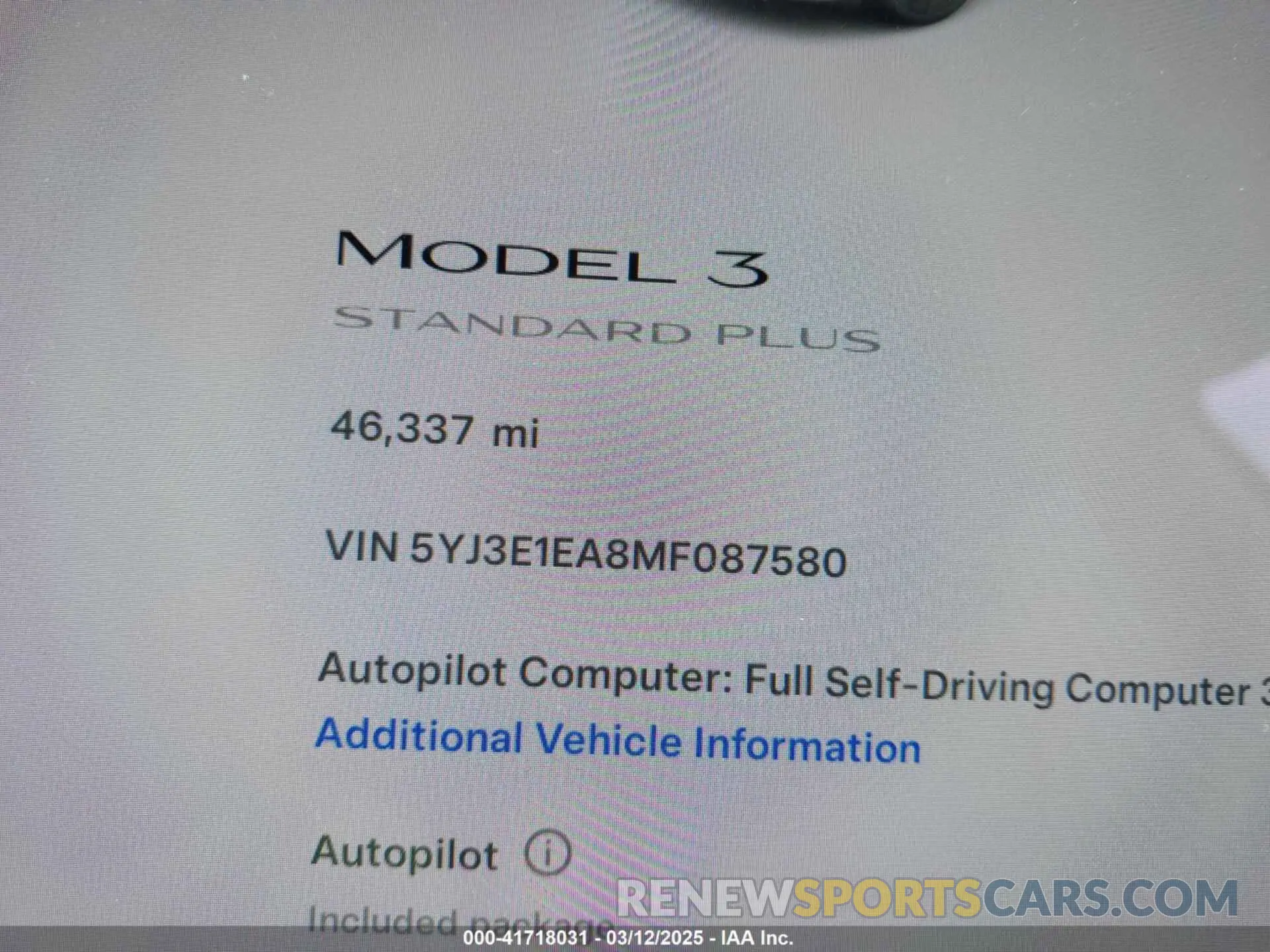 15 fotografías del automóvil dañado 5YJ3E1EA8MF087580 TESLA MODEL 3 2021