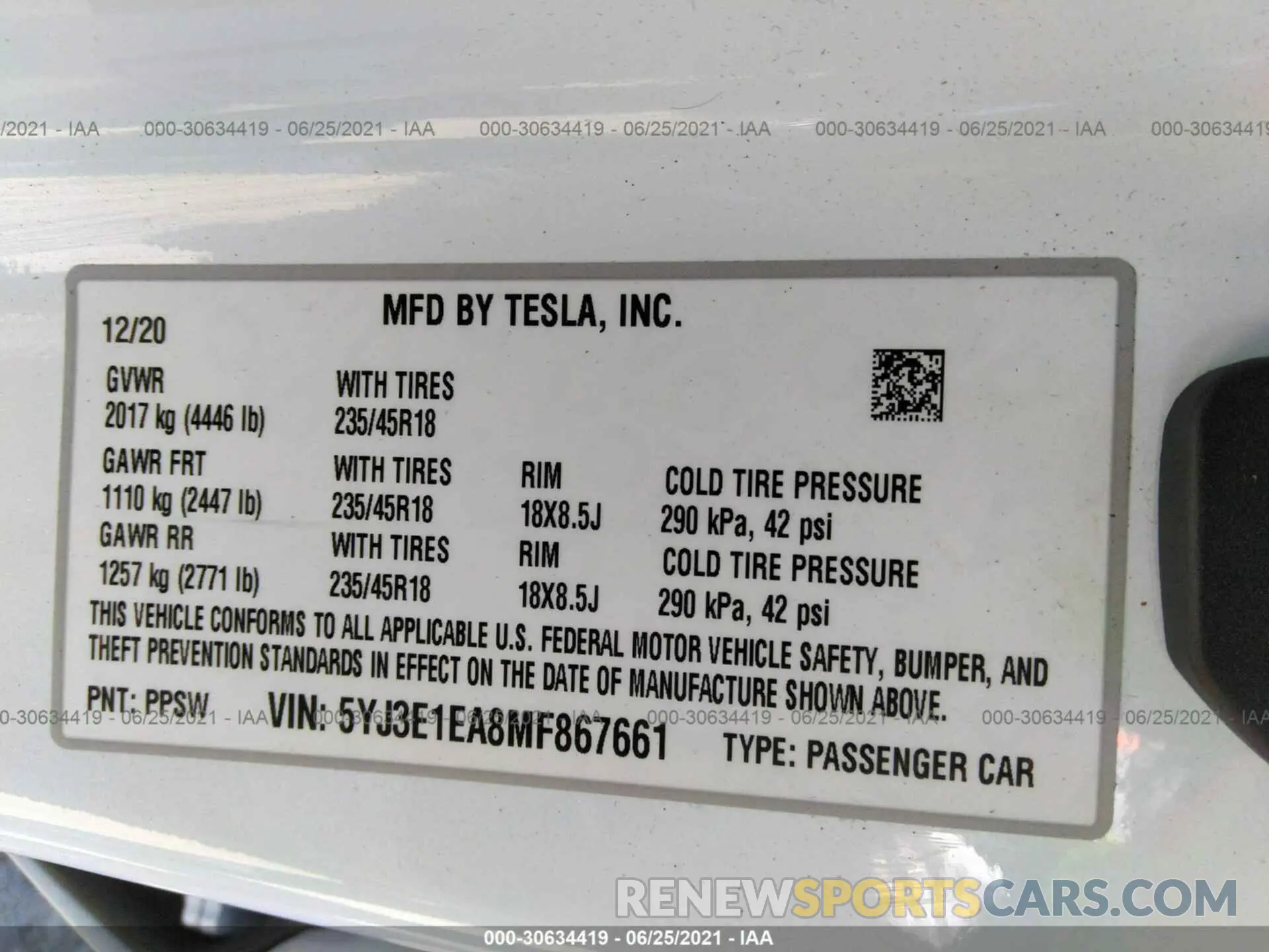 9 fotografías del automóvil dañado 5YJ3E1EA8MF867661 TESLA MODEL 3 2021