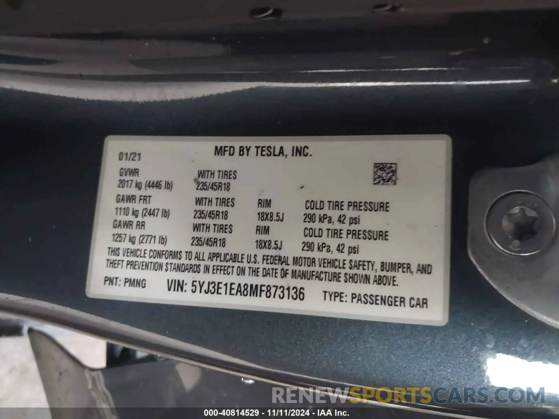 9 fotografías del automóvil dañado 5YJ3E1EA8MF873136 TESLA MODEL 3 2021