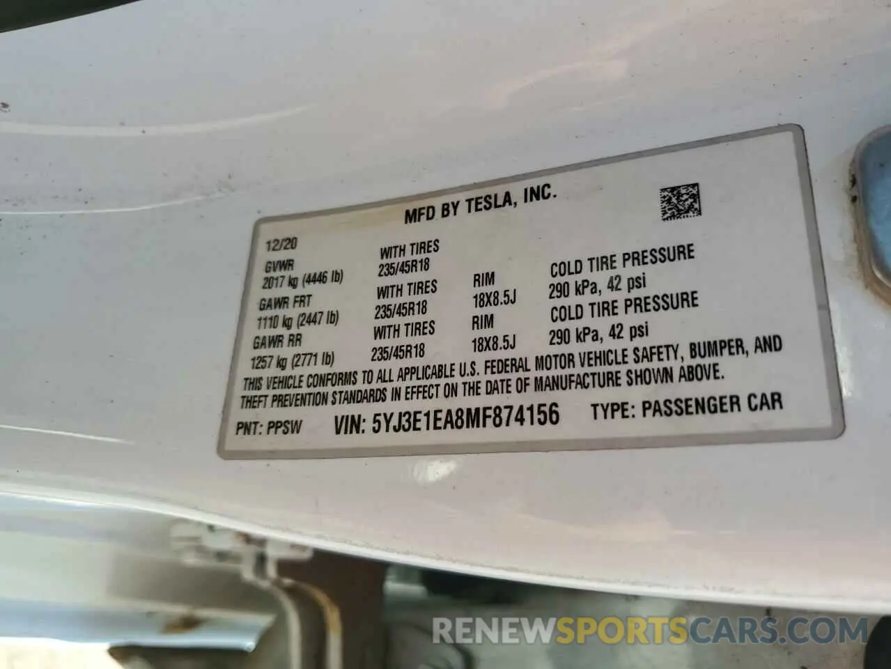 12 fotografías del automóvil dañado 5YJ3E1EA8MF874156 TESLA MODEL 3 2021