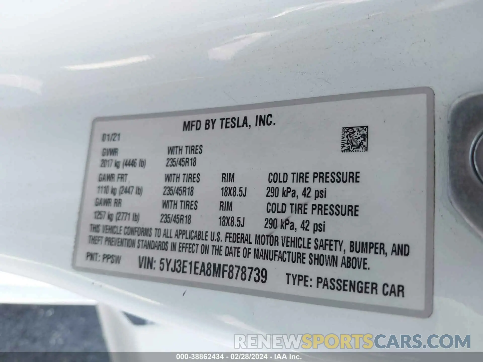 9 fotografías del automóvil dañado 5YJ3E1EA8MF878739 TESLA MODEL 3 2021