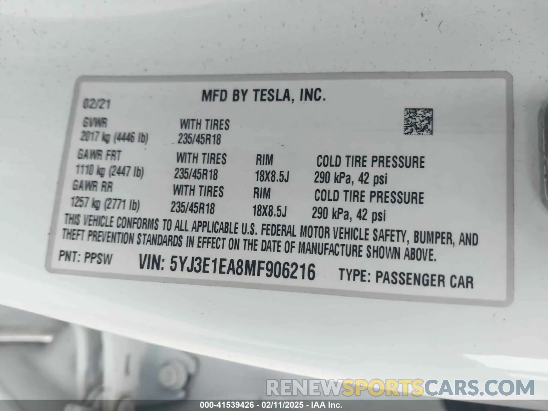 9 fotografías del automóvil dañado 5YJ3E1EA8MF906216 TESLA MODEL 3 2021