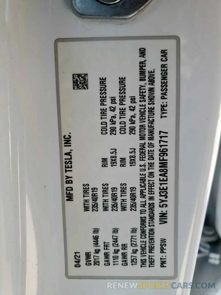 14 fotografías del automóvil dañado 5YJ3E1EA8MF961717 TESLA MODEL 3 2021