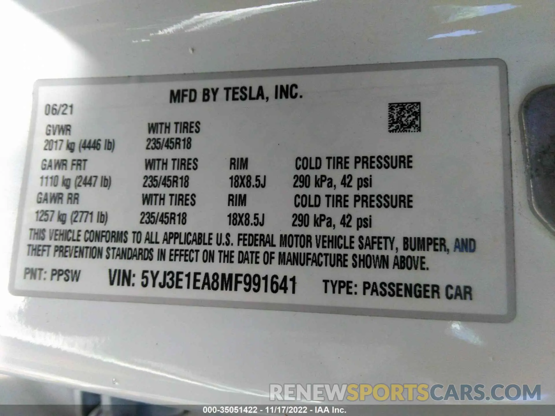 9 fotografías del automóvil dañado 5YJ3E1EA8MF991641 TESLA MODEL 3 2021