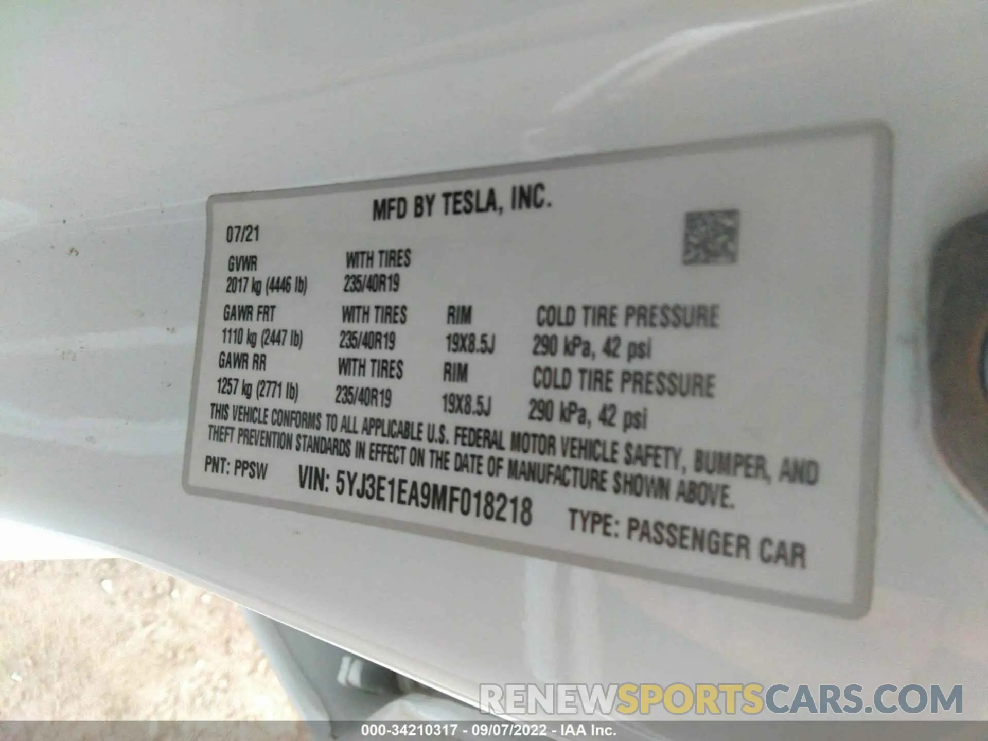 9 fotografías del automóvil dañado 5YJ3E1EA9MF018218 TESLA MODEL 3 2021
