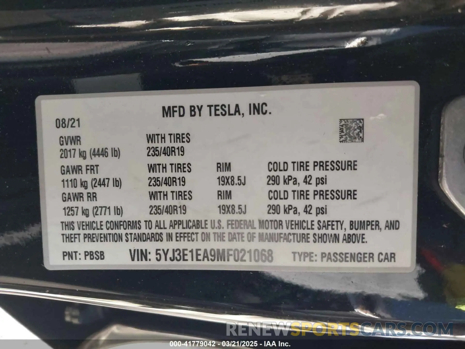 9 fotografías del automóvil dañado 5YJ3E1EA9MF021068 TESLA MODEL 3 2021