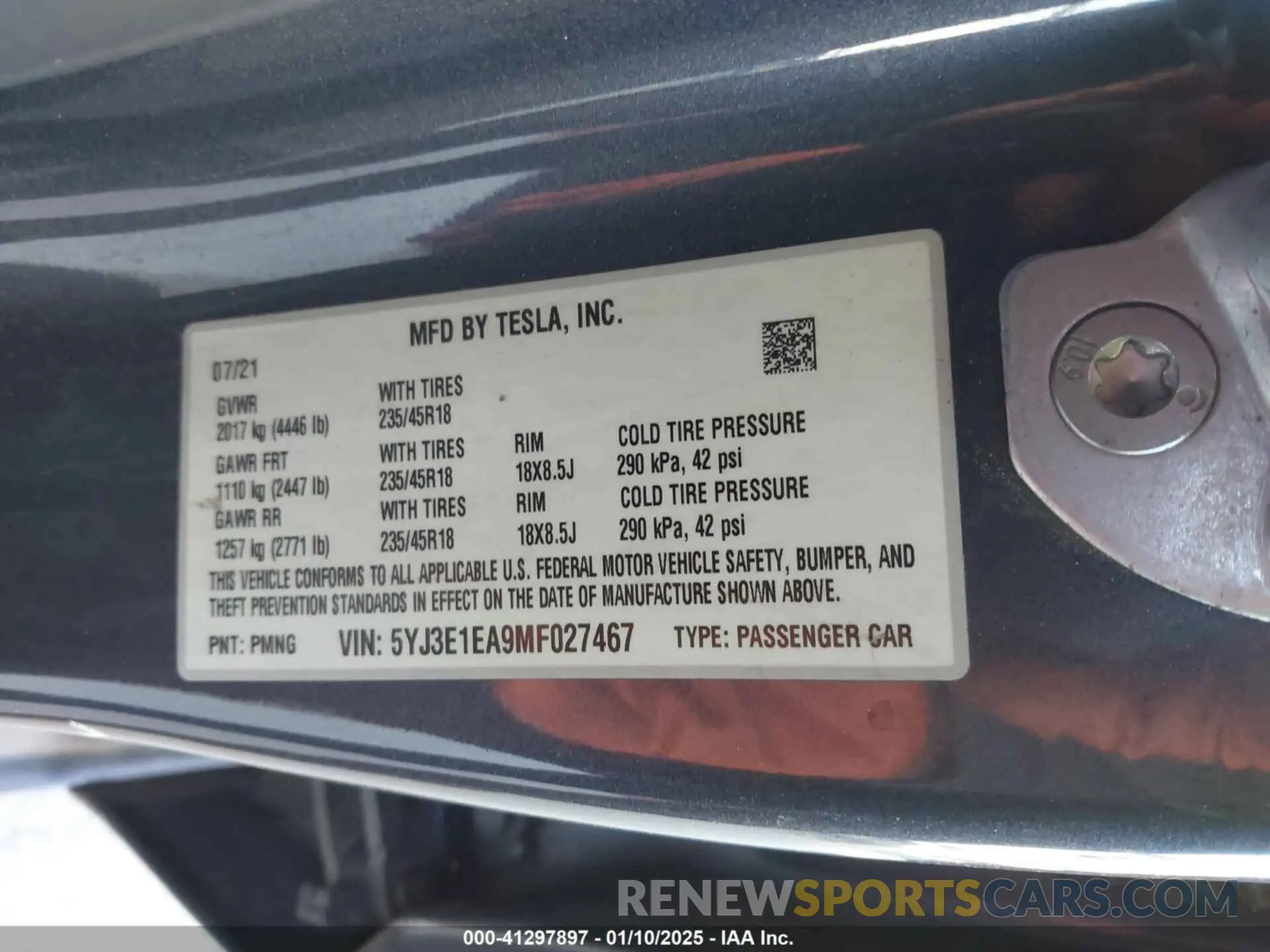 9 fotografías del automóvil dañado 5YJ3E1EA9MF027467 TESLA MODEL 3 2021