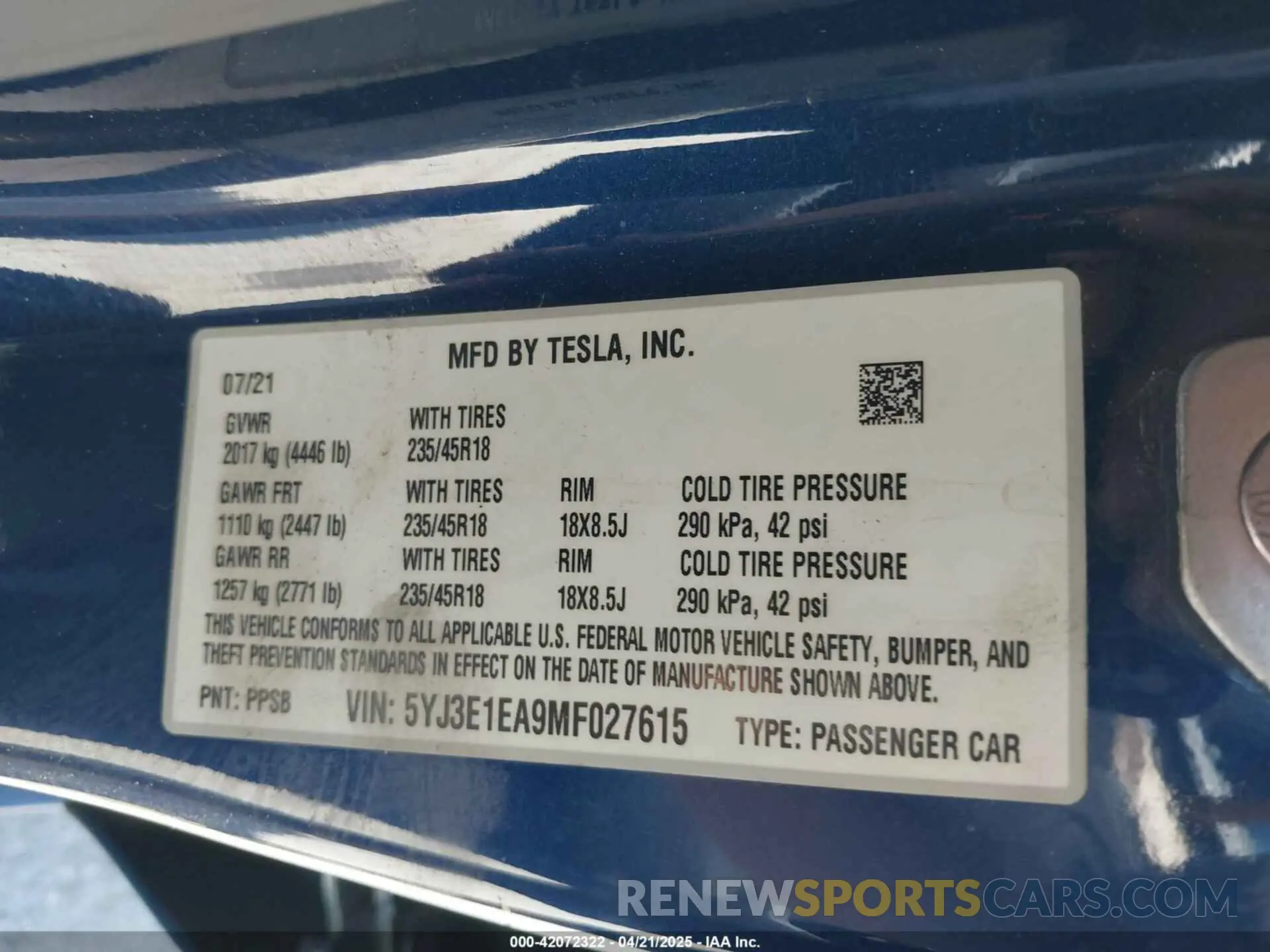 9 fotografías del automóvil dañado 5YJ3E1EA9MF027615 TESLA MODEL 3 2021