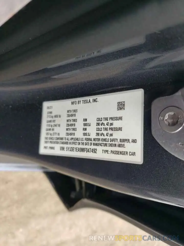 10 fotografías del automóvil dañado 5YJ3E1EA9MF047492 TESLA MODEL 3 2021