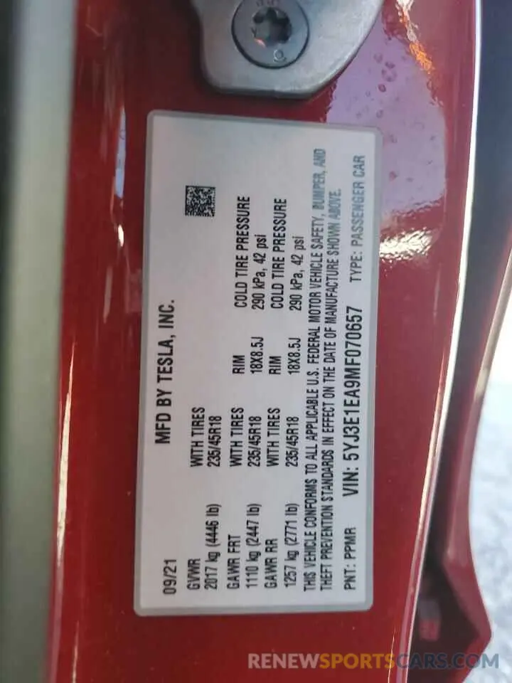 12 fotografías del automóvil dañado 5YJ3E1EA9MF070657 TESLA MODEL 3 2021