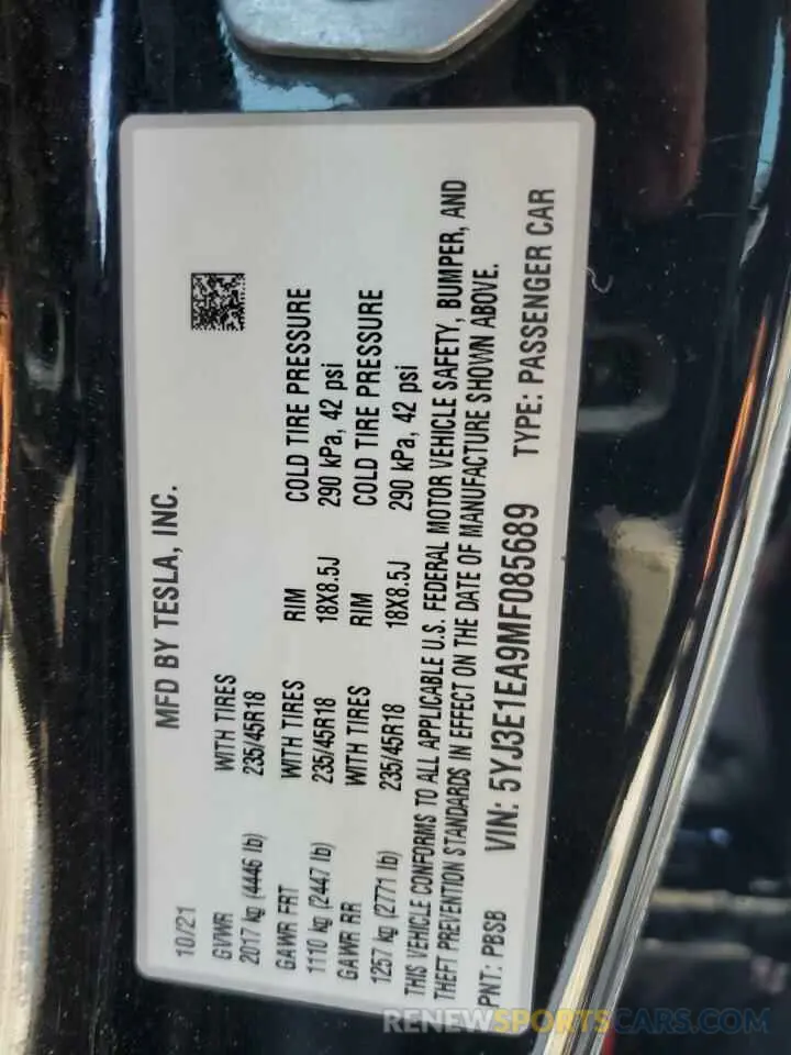 12 fotografías del automóvil dañado 5YJ3E1EA9MF085689 TESLA MODEL 3 2021