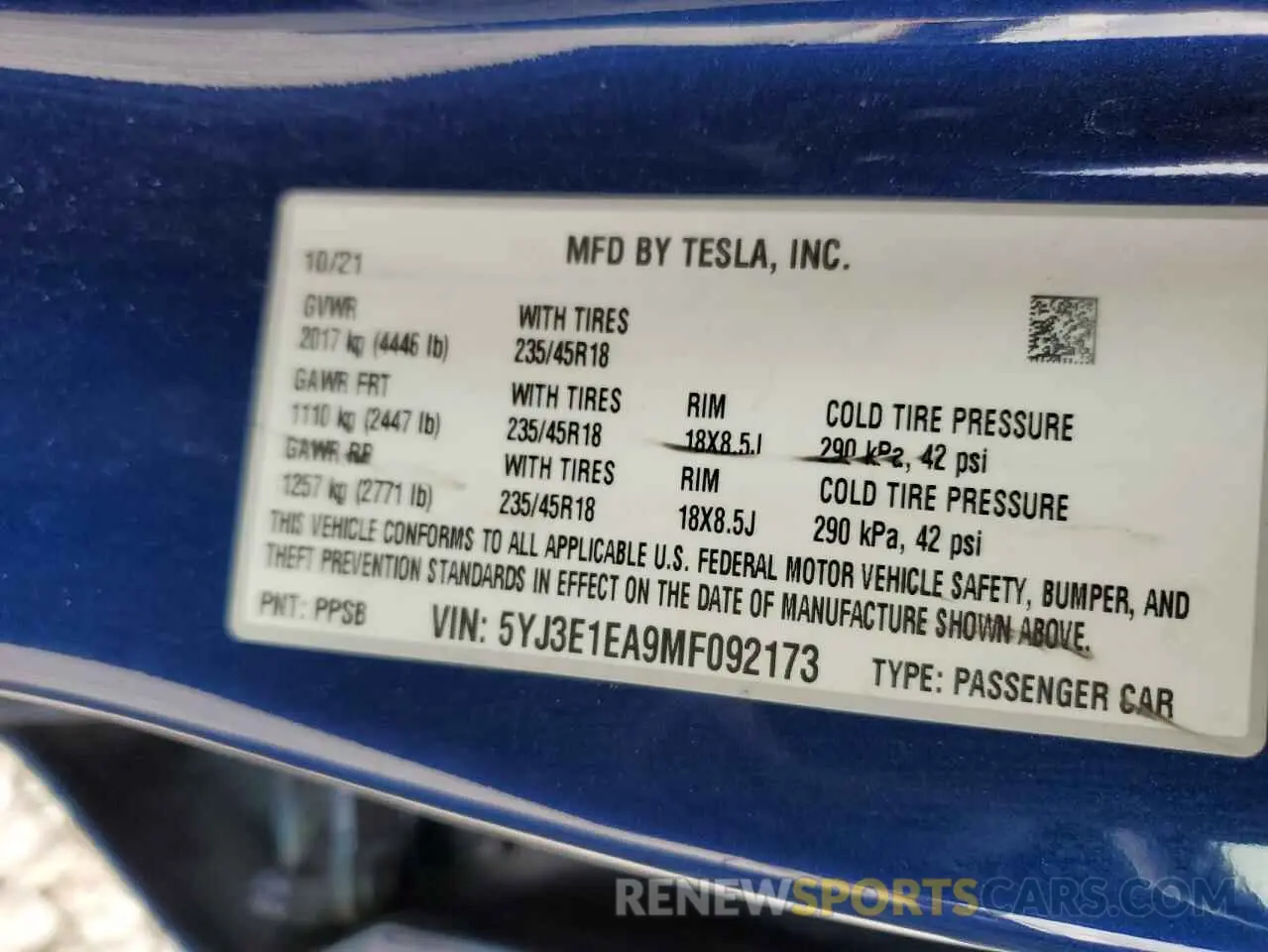12 fotografías del automóvil dañado 5YJ3E1EA9MF092173 TESLA MODEL 3 2021