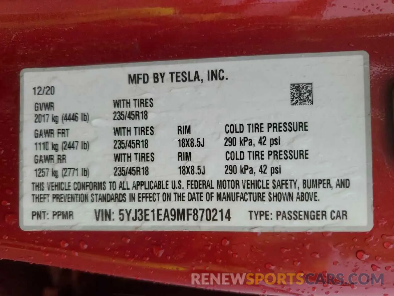 14 fotografías del automóvil dañado 5YJ3E1EA9MF870214 TESLA MODEL 3 2021