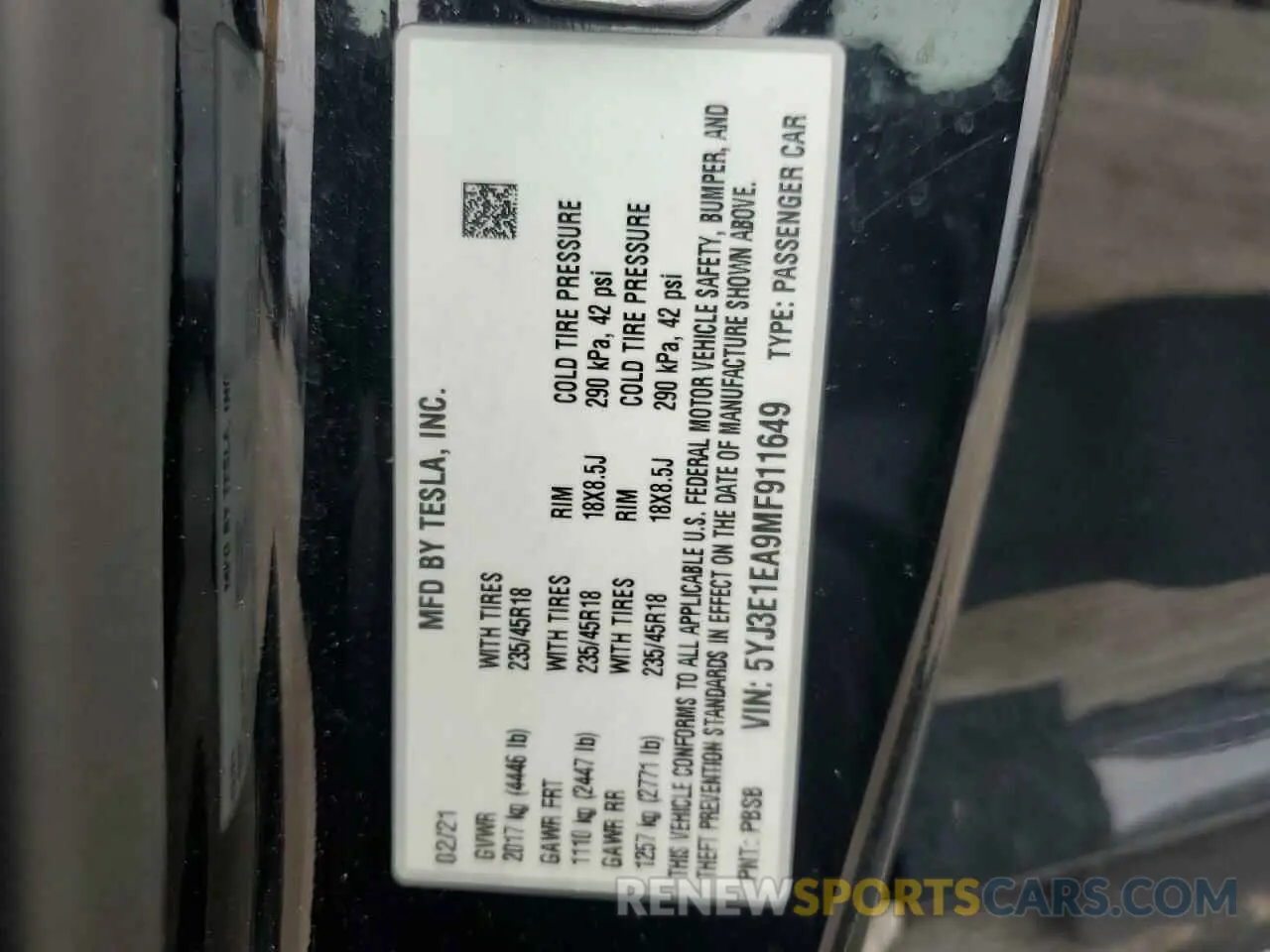 13 fotografías del automóvil dañado 5YJ3E1EA9MF911649 TESLA MODEL 3 2021