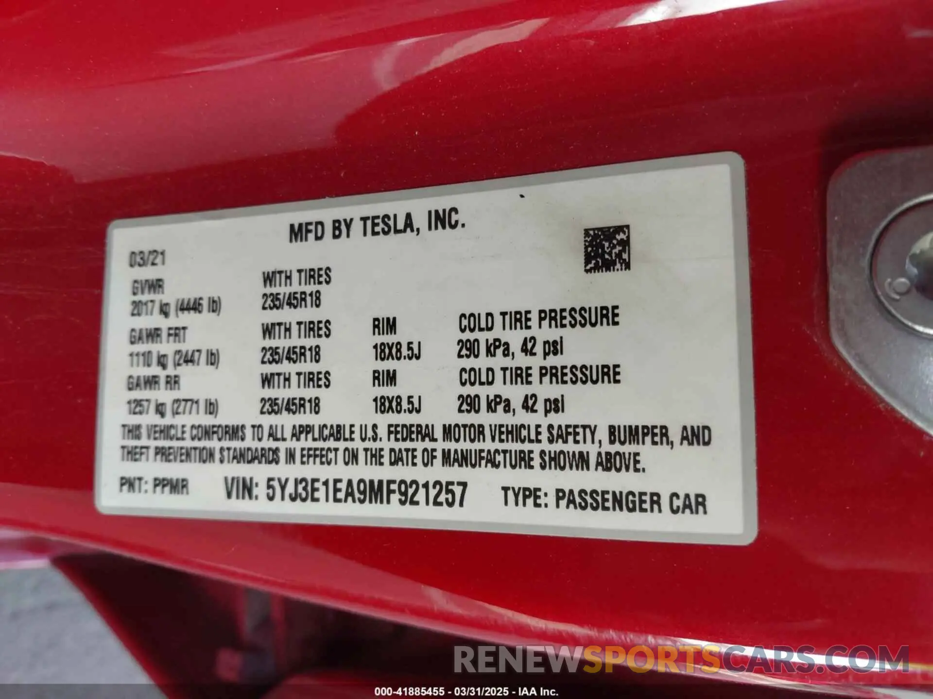 9 fotografías del automóvil dañado 5YJ3E1EA9MF921257 TESLA MODEL 3 2021