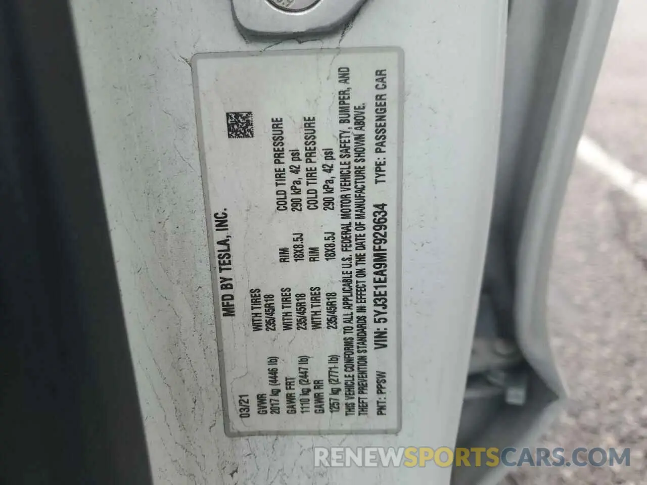 14 fotografías del automóvil dañado 5YJ3E1EA9MF929634 TESLA MODEL 3 2021