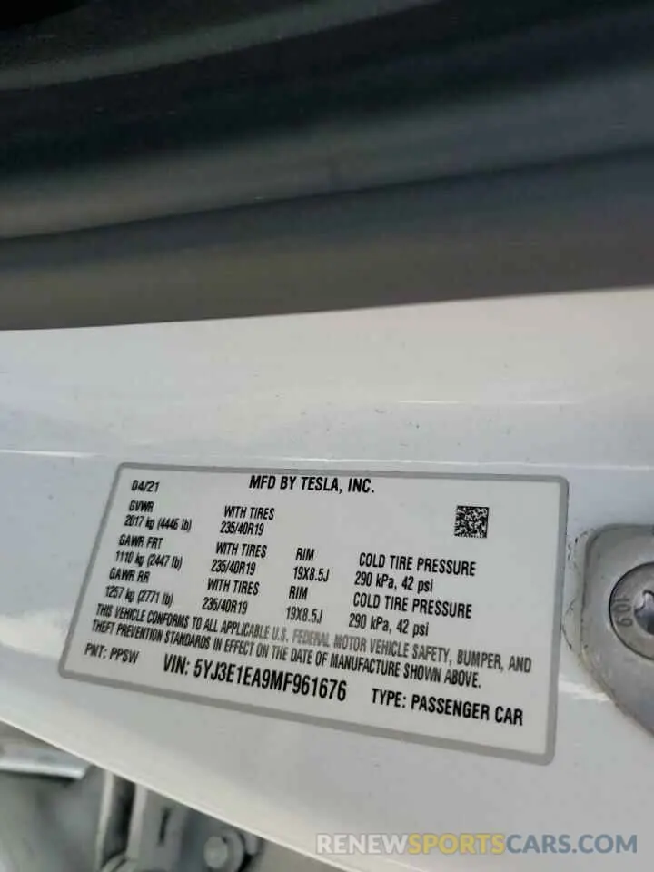 15 fotografías del automóvil dañado 5YJ3E1EA9MF961676 TESLA MODEL 3 2021