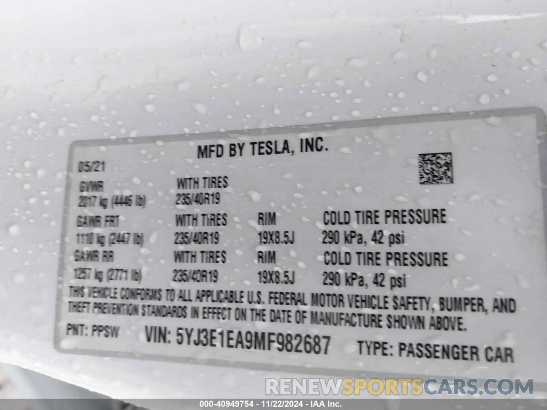 9 fotografías del automóvil dañado 5YJ3E1EA9MF982687 TESLA MODEL 3 2021