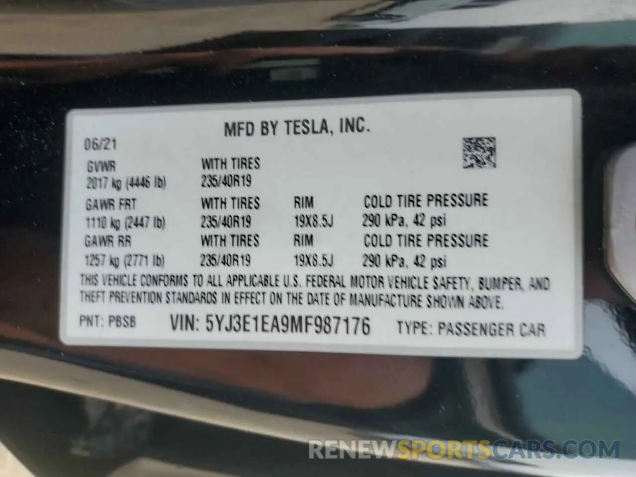 12 fotografías del automóvil dañado 5YJ3E1EA9MF987176 TESLA MODEL 3 2021