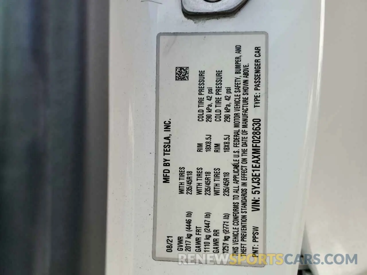 13 fotografías del automóvil dañado 5YJ3E1EAXMF028630 TESLA MODEL 3 2021
