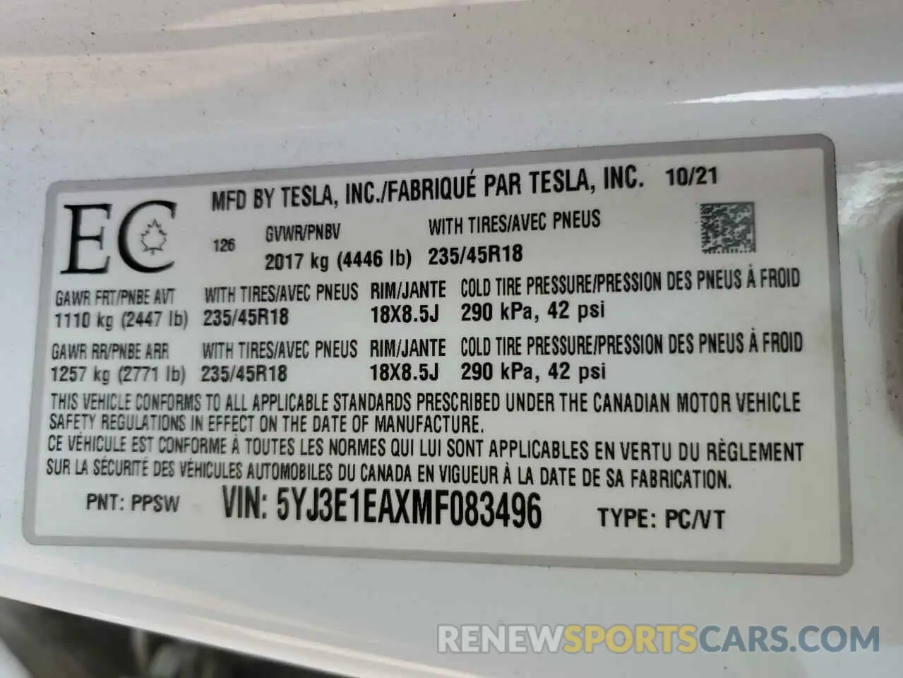 13 fotografías del automóvil dañado 5YJ3E1EAXMF083496 TESLA MODEL 3 2021