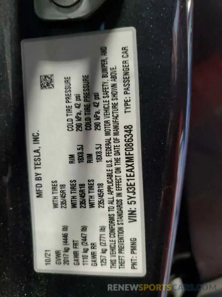 13 fotografías del automóvil dañado 5YJ3E1EAXMF086348 TESLA MODEL 3 2021
