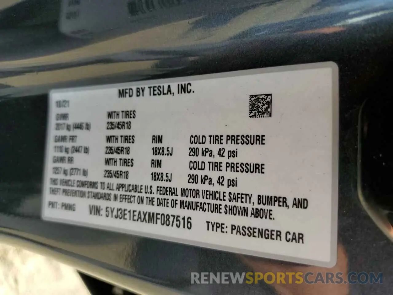 12 fotografías del automóvil dañado 5YJ3E1EAXMF087516 TESLA MODEL 3 2021