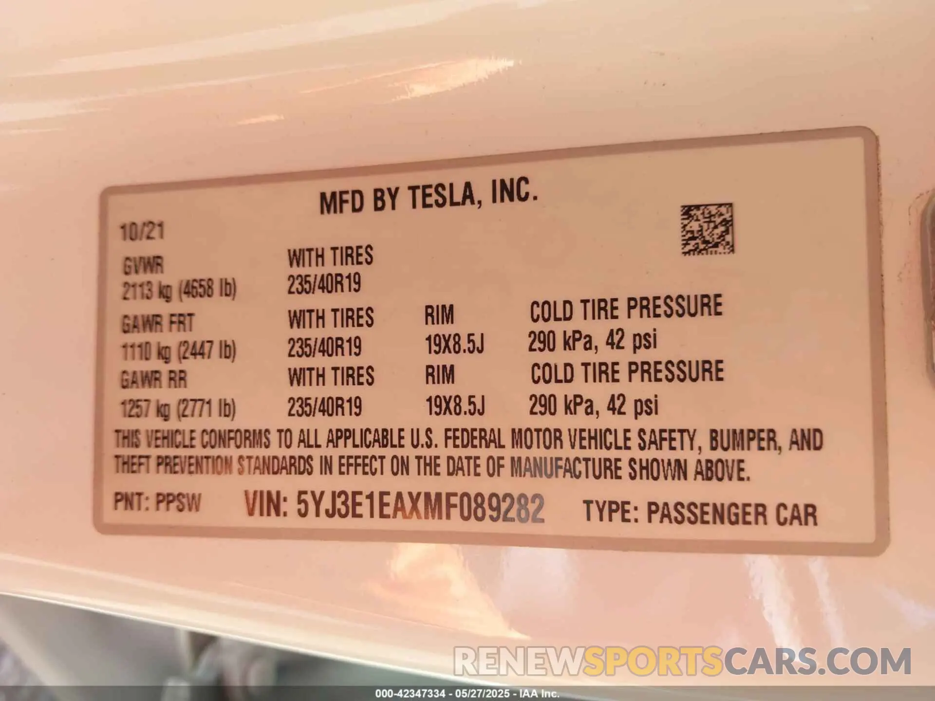 9 fotografías del automóvil dañado 5YJ3E1EAXMF089282 TESLA MODEL 3 2021