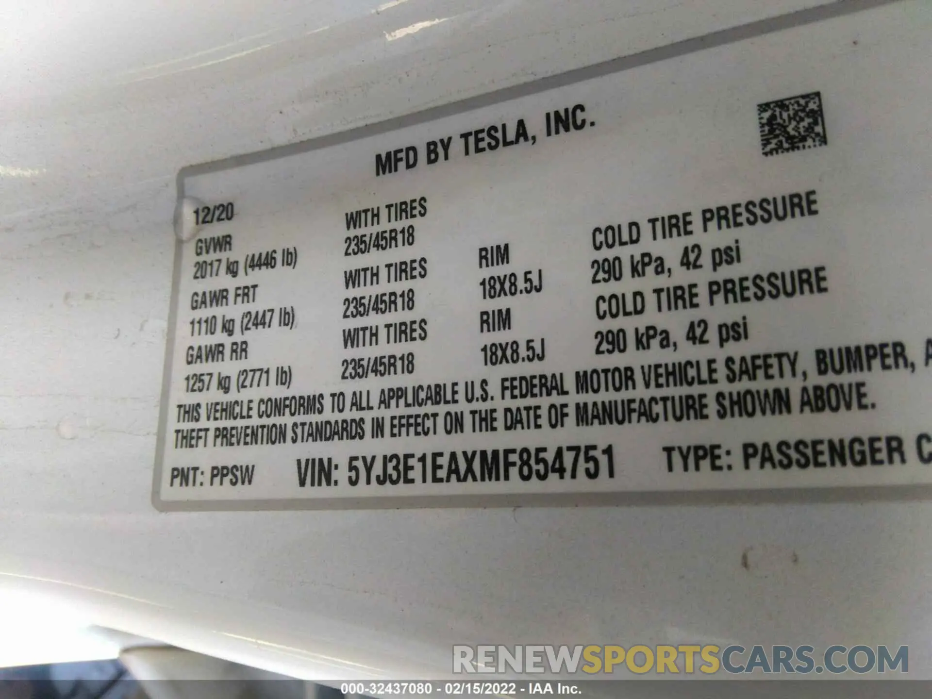 9 fotografías del automóvil dañado 5YJ3E1EAXMF854751 TESLA MODEL 3 2021