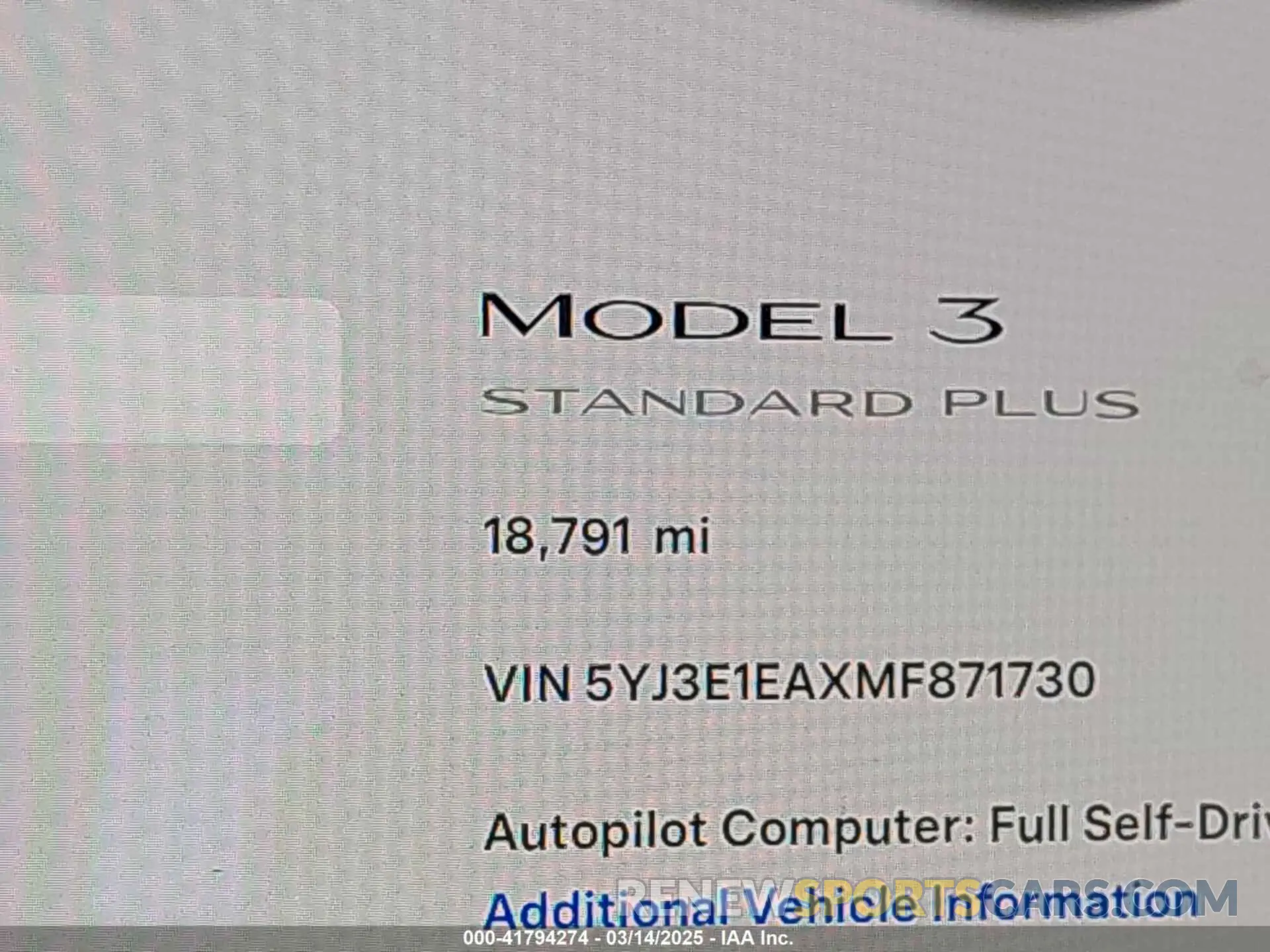 15 fotografías del automóvil dañado 5YJ3E1EAXMF871730 TESLA MODEL 3 2021