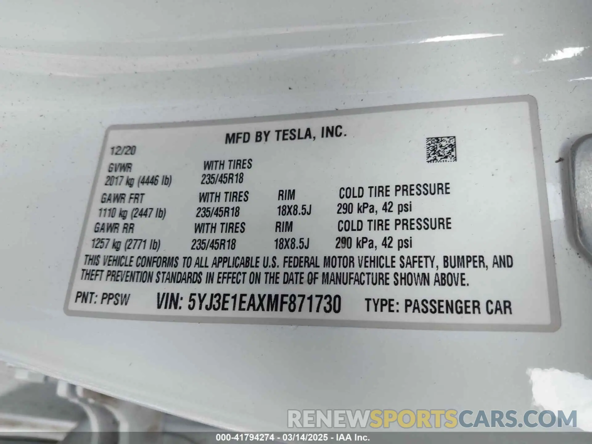 9 fotografías del automóvil dañado 5YJ3E1EAXMF871730 TESLA MODEL 3 2021