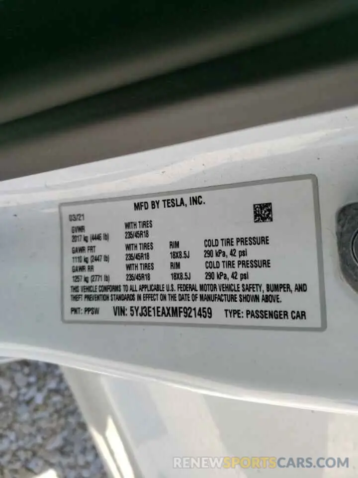10 fotografías del automóvil dañado 5YJ3E1EAXMF921459 TESLA MODEL 3 2021