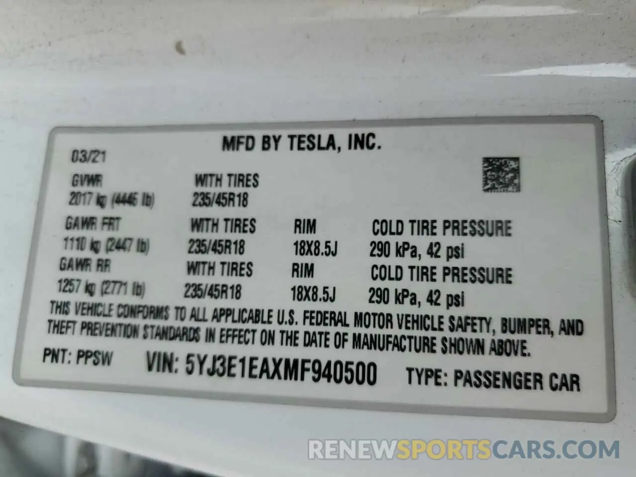 12 fotografías del automóvil dañado 5YJ3E1EAXMF940500 TESLA MODEL 3 2021